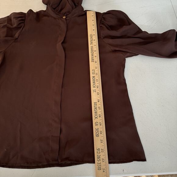 Vintage Augie Ruffle Neck Sheer Button Up Blouse S/M* Chocolate Brown Victorian - Picture 11 of 12